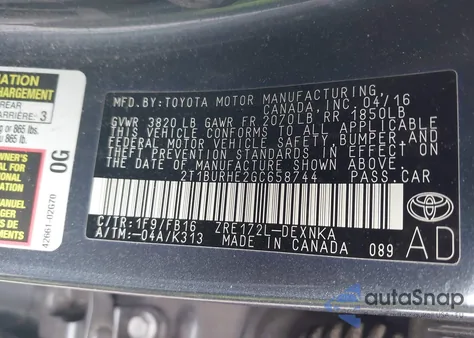 2016 Toyota Corolla Le z USA, uszkodzony, nr VIN 2T1BURHE2GC658744